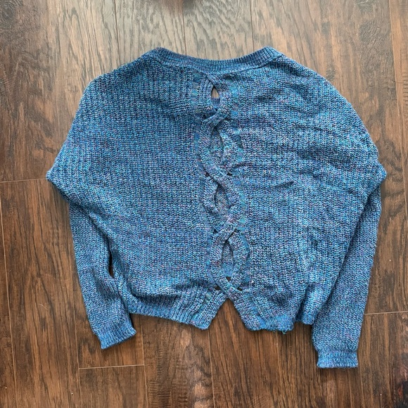 Express Open Back Braided Knit Sweater, Multicolored/Blue - Picture 6 of 7